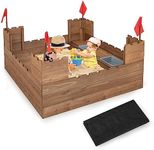 Costzon Kids Sandbox, Cedar Wood 45" x 45" Sand Pit w/Built-in Bench Seats, Storage Boxes, Flags & Protective Bottom Liner, Outdoor Sand Box for Kids Age 3+ for Backyard Garden Beach