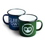 Sleepy Owl Enamel Mugs Unbreakable | 2 x 350 mL Travel Friendly Coffee Mug | Sturdy, Durable and Large Chip Resistant | Not Microwave Safe | Tea, Coffee, Milk, Latte