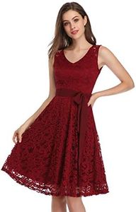 KOJOOIN Robe de Soirée Femme Dentelle Audrey Hepburn 1950 Robe Vintage Rétro Élégant Robe de Cocktail années 50 Rockabilly Bordeaux(sans Manches) XXL