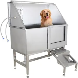 GarveeLife 50'' Dog Grooming Tub, Professional Bathtub with Retractable Stairs, Stainless Steel Pet Grooming Tub for Small & Large Dog, Right Door