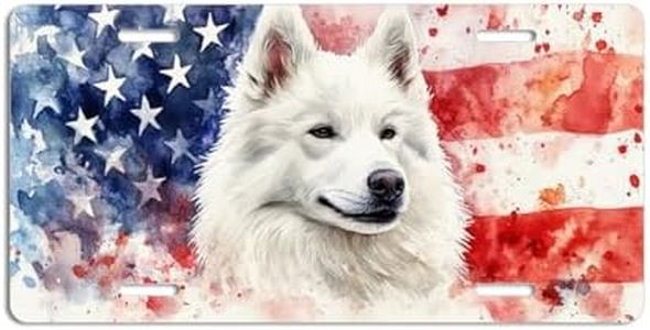 NGZ Samoyed License Plate, Funny Pet American Flag Painting Aluminum License Plate Suitable for Car, RVs, Bars, Fences, garages, etc. 12x6 Inch