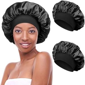 Kiiwah 2 Stück Satin Bonnet Schlafhaube Seide Locken Atmungsaktive Seide Schlafmütze Verstellbare Silk Bonnet Seidenhaube zum Schlafen Weiche Satin Haube für Damen Mädchen(Schwarz)