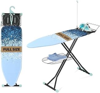 APEXCHASER Full Size Ironing Board,15x45 Metal Panel Iron Board with Iron Rest, Heat & Scorch Resistant Cover, Adjustable Height Heavy Duty Ironing Board with Germent Rack, for Home, Dorm, Ligh Blue