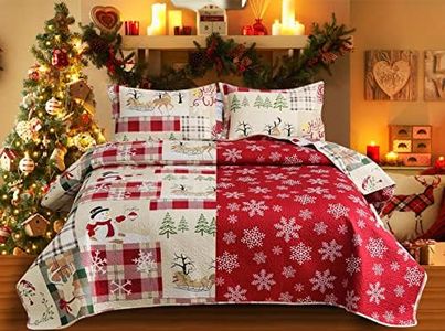 Christmas Bedding Set King Size Christmas Quilt Bedspread Holiday Xmas Bedding Buffalo Plaid Patchwork Rustic Quilt Lodge Cabin Bedding Lightweight Reversible Coverlet Christmas Home Decor Quilt