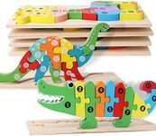 SHIERDU Wooden Puzzles for Kids, Toddler Number Puzzle, Old Wooden Dinosaur Puzzles and Animal Jigsaw Toys for Boy Girl Ideal Gift, 2-6 Years, Pack of 6, 2-1