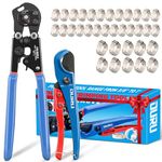 OURU 2 in 1 Pex Crimping Tool Cinch and Remove Combo Function Pex Pipe Crimp Tool from 3/8" to 1" Pex Crimper with Pex Cutter and Stainless Steel Pex Clamps 1/2" 25PCS,3/4" 10PCS