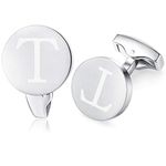 HONEY BEAR Initial Alphabet Letter Cufflinks for Men, Brushed Silver Round Shape Stainless Steel Wedding Business Cufflinks, A - Z (T)