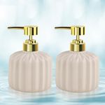 Ceramic Soap Dispenser for Wash Basin - Handwash Dispenser Bottle - Leak-Proof Design with Silver Glossy BPA-Free Pump, Rivo, Beige, Pack of 2,SoapDispenser_RivoCombo_BeigeBeige