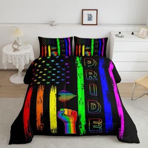 Manfei American Flag Comforter Set, Rainbow Stripes Bedding Set 3pcs for Kids Teens Adult Room Decor, Pride Theme Quilt Set Soft Black Watercolor Breathable Duvet Insert with 2 Pillowcases, Full Size