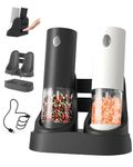 CIRCLE JOY Electric Salt and Pepper Grinder Set Automatic Salt and Pepper Grinder Set with Charging Base and White LED Light, Adjustable Coarseness, USB Rechargeable, Washable Container, Black & White