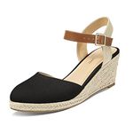 PIZZ ANNU Womens Wedge Sandals Ankle Strap Ladies Espadrilles Wedges Summer Buckle Mid-Heel Platform Closed Toe Shoes Size 4 Black