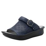 Alegria Womens Klover - Leather Adjustable Slide - Timeless Comfort, Arch Support and Stylish Women's Shoe for Easy Step In - Slip-Resistant - Nursing and Healthcare Professionals, Oiled Navy, 8-8.5