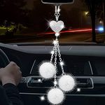 Bling Car Rear View Mirror Hanging Accessories for Women, Rhinestone Diamond Love Heart, Imitation Pearl and White Plush Ball Car Rearview Mirror Charms, Lucky Ornament Pendant (Heart Shaped, White)