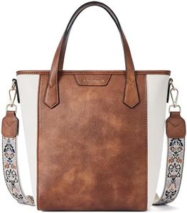 BOSTANTEN Crossbody Tote Bag Small Bucket Bag Vegan Leather Handbag Purses for Women Guitar Strap, Beige and Brown