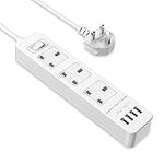 JSVER Extension Lead USB, Power Socket with 3 Outlet 4 USB Charging Station Power Strip USB with 2m Power Lead-White