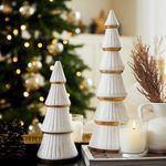 WONDROUS' DECO Tabletop White Christmas Tree Figurine, Artificial Wooden Christmas Tree Decorations Set of 2, Vintage Christmas Tree Gold Decor for Tables Centerpiece Home Farmhouse Mantel