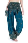 Lannaclothesdesign Harem Pants Women High Waist Bohemian Yoga Pants with Pockets - Boho Hippie Clothes, Teal Peacock Flower, XX-Large