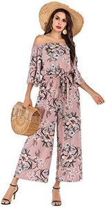 Love Welove Fashion Jumpsuits for Women, Floral Off Shoulder Ruffled Short Sleeve High Waist Wide Leg Pants Romper Dressy