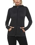 Woman Plain Zip Up Hoodie Top Ladies Long Sleeve Sport Workout Hooded Jacket Sweatshirt Coat Hoody Jacket with Pockets and Thumb Holes Black