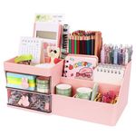 Meiikun Desk Organizer and Accessories with Drawers and Compartments, Pencil Pen Holder for Desktop Storage, Desk Organization for Office Supplies Stationary (Pink)