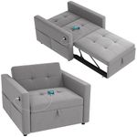 HOMCOM 3‑in‑1 Convertible Chair Bed, Pull Out Sleeper Chair with USB Ports, Adjustable Backrest, Side Pocket, Small Velvet Futon Sofa Bed for Living Room, Bedroom, Grey