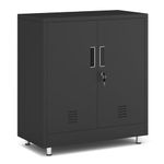 JINGUR Metal Storage Cupboard with Locking Doors and Adjustable Shelf, Small Lockable Sideboard Buffet Cabinet for Home Office Hallway Entryway Living Dining Room (Black)