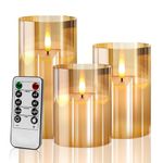 Gold Glass flameless Candles Flickering with Remote, Moving Wick Battery Operated Realistic Warm Light Candle, for Party Wedding Festival Tabletop Decoration, Set of 3 [Energy Class A+]