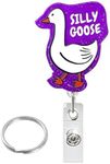 Silly Goose Funny Badge Reel with Swivel Alligator Clip, Retractable Cute Glitter ID Badge Holder for Nursing Nurses Doctor Student Teacher Medical Staff (Purple Goose)