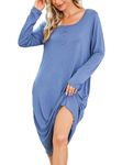 Sopesil Women's Long Nightdress Long Sleeve Nightgowns U Neck Button Sleepwear Nighties Soft Loungewear with Pocket Blue,L