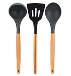 FS COOL Set of 3 Silicone Cookware, Wood Handle, Nonstick Cookware, Heat Resistant Cookware Solid Spoon, Soup Ladle, Slotted Turner Perfect for Baking, Cooking, Mixing and serving (Black Colour)