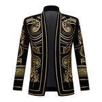 PYJTRL Mens Stylish Court Prince Black Velvet Gold Embroidery Blazer Suit Jacket (Golden Flower, L)