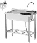 Stainless Steel Utility Sink,Free Standing Single Bowl Kitchen Sink Commercial Sink Set w/Workbench Storage Shelf & Hot/Cold 304 Stainless Faucet Outdoor Sinks For Backyard Garden Kitchen Laundry