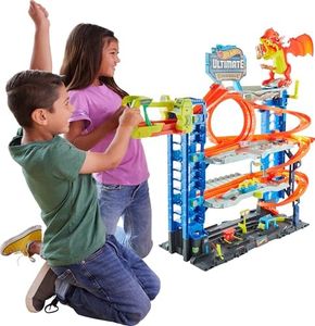 Hot Wheels City Ultimate Garage Track Set with 2 Die-Cast Toy Cars & Car-Eating Dragon, Stores 50+ Vehicles, 4 Levels