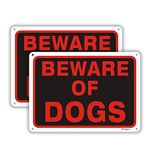 Beware of Dog Sign (2 Pack) 10”x7” 0.40 Rust Free Aluminum Metal Reflective Sign Pre-Drilled Holes for Easy Mounting UV Coating Weather Resistant for Outdoor Use