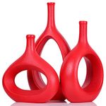 Red Vase for Home Decor, Red Ceramic Vase Set of 3,Modern Rustic Farmhouse Red Decorative Vase,Boho Vases,Red Table Decor Modern Living Room Decor Red Living Room Bookshelf, Mantel and Entryway Decor