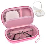 Portable 2 in 1 Contact Lens Case and Glasses Case, Traveling Contact Cases Bag Box Holder with Soak Storage Kit Included Built-in Mirror, Tweezer, Contact Lens Solution Bottle and Hand Strap-Pink