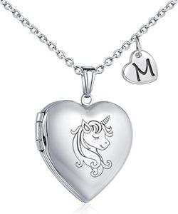 YOUFENG Unicorns Gifts for Her Love Heart Initial Letter Locket Necklace that Holds Pictures Enamel Locket Pendant Gifts for Women M