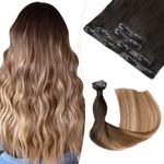 VINBAO Clip in Human Hair Extensions Natural Black Highlighted 27 Caramel Blonde Seamless Clip in Hair Extensions 14 Inch 90 Gram 4Pcs No Tangle No Shedding Silk Soft Hair(PUCLIP#1B/4/27-14Inch)