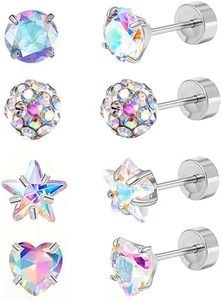 BTIPFNS 4 Pairs Hypoallergenic Flat Back Earings for Women Sensitive Ears 316L Stainless Steel Screw Back Earring Cute CZ Ball Star Heart FlatBack Stud Sets