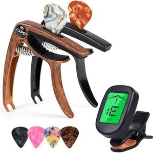 Moom 2-Pack Quick Release 6-String Acoustic Guitar Capo and Tuner Combo for Electric Guitars, Bass, Ukulele - Buzzing-Free Dual Capos with 4 Premium Picks (Rosewood and Black)