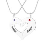 Stainless Steel Personalized Key Heart Puzzle Necklace Set with Birthstones - Custom Made with Any Name (Hollow Heart-Silver)