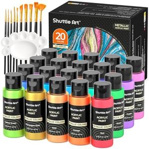 Shuttle Art Metallic Acrylic Paint Set, 20 Colours Metallic Paints in Bottles (60ml, 2oz) with 10 Brushes and 1 Palette, Rich Pigments, Non-Toxic for Artists, Beginners on Rocks Crafts CanvasWood Fabric