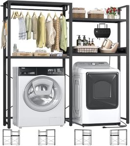 Aheaplus Over Washer and Dryer Shelves with Power Outlet, 4 Tiers Space Saver Laundry Room Storage and Organizer Standing Shelf, Metal Clothes Drying Rack with 1 Hanger Rod, 63" W x 77.2" H, Black