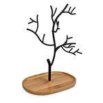 Navaris Metal Jewellery Tree Stand - Organiser Hanger Display Holder with Wooden Dish Base to Store Necklaces, Bracelets, Rings, Accessories