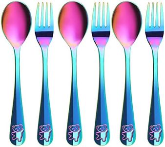 Lanjue 6 Pezzi Posate Bambini in Acciaio Inox, Set Posate Bambino-3 Forchetta Bambini e 3 Cucchiai Bambini per Bambino, Casa Scuola Uso(Orso, Arcobaleno)