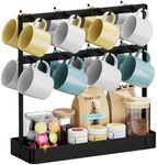 ZDDLOINP Aluminum Alloy Coffee Mug Holder with Movable Hooks, 16 Capacity Coffee Cup Holder for Countertop, 2 Tier Mug Tree Holder Rack with Storage Base for Coffee Pod, Sugar Bags, Paper Cups