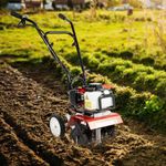 MEHOOSPVN 52CC Garden Petrol Tiller Engine Mini Tiller Handpush Cultivator 3HP 2 Strokes Lawn Soil Cultivator Rotovator Engine Lightweight Compact Powerful Sure Grip Handles Built to be Durable