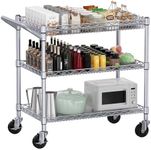 WDT Heavy Duty 3 Tier Rolling Utility Cart, Kitchen Metal Utility Carts with Handle Bar, Utility Shelf Plant Display Shelf Food Cart Storage Trolley with Wheels, Silver