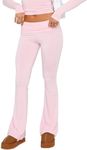 Allmloers Women Skinny Flare Yoga Pants Low Waist Bootcut Bell Bottom Fold Over Leggings Lounge Jogger Sweatpants Streetwear Pink