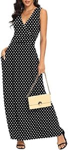 LILBETTER Women Sleeveless Deep V Neck Loose Plain Long Maxi Casual Dress(F Black Polka Dot,XX-Large)